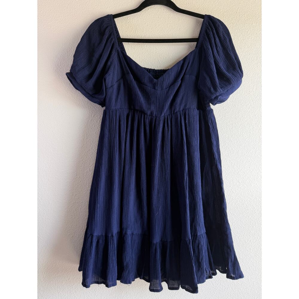 Lulus Florentine Fantasy Navy Blue Puff Sleeve Babydoll Mini Dress Womens Large